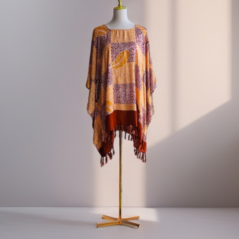 0011/ Brown Orange color Poncho with fringed, Loose Top